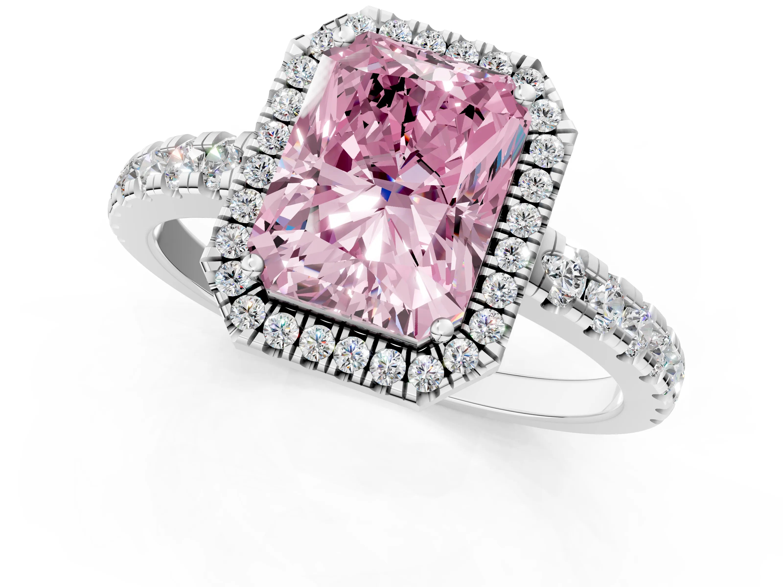 White gold Fancy Pink Radiant Cut Diamond Halo Ring with Pavé Band and Four-Prong Setting_13