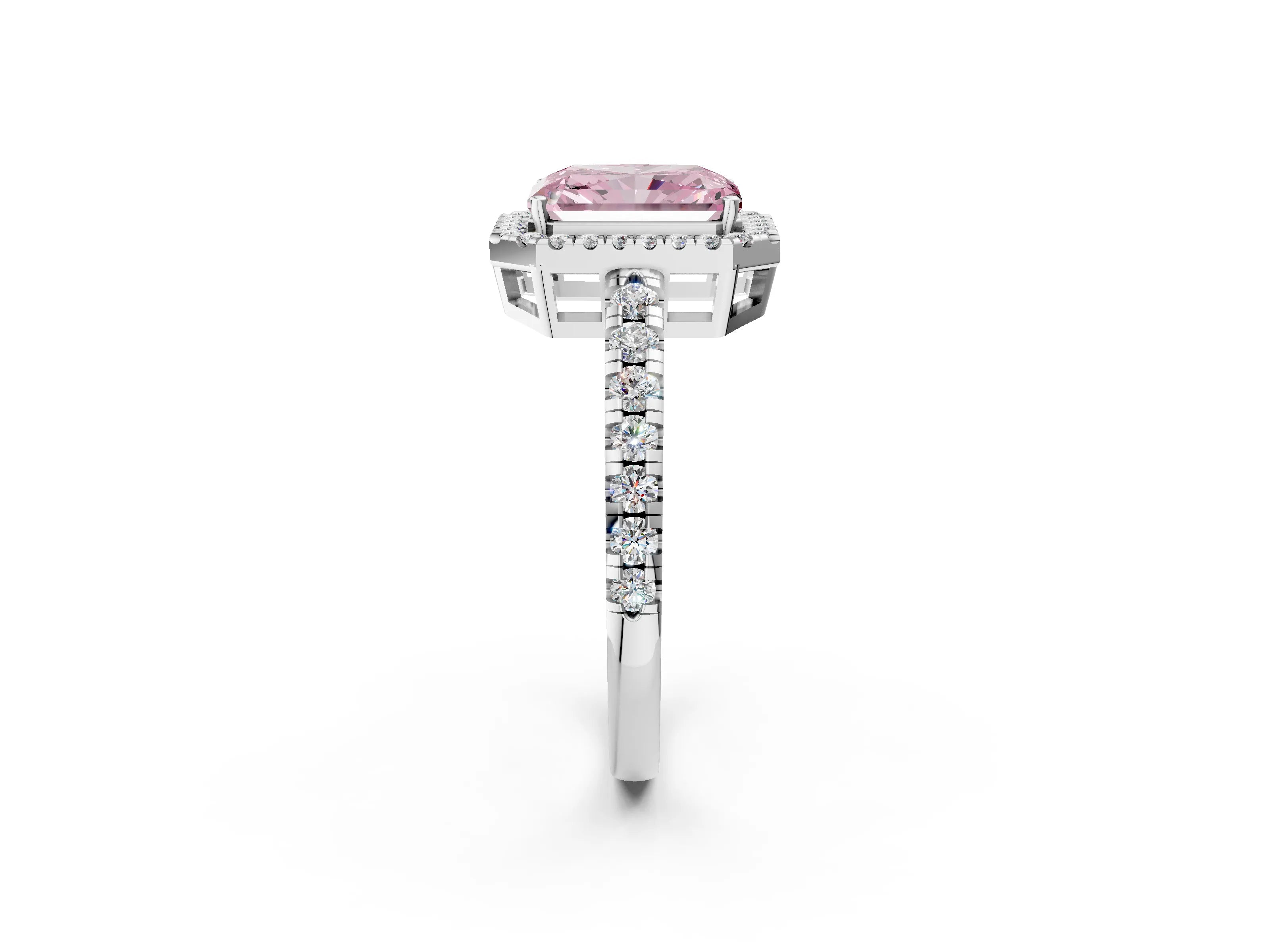 White gold Fancy Pink Radiant Cut Diamond Halo Ring with Pavé Band and Four-Prong Setting_14