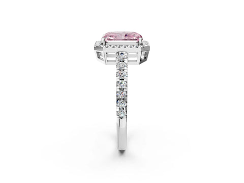 White gold Fancy Pink Radiant Cut Diamond Halo Ring with Pavé Band and Four-Prong Setting_14