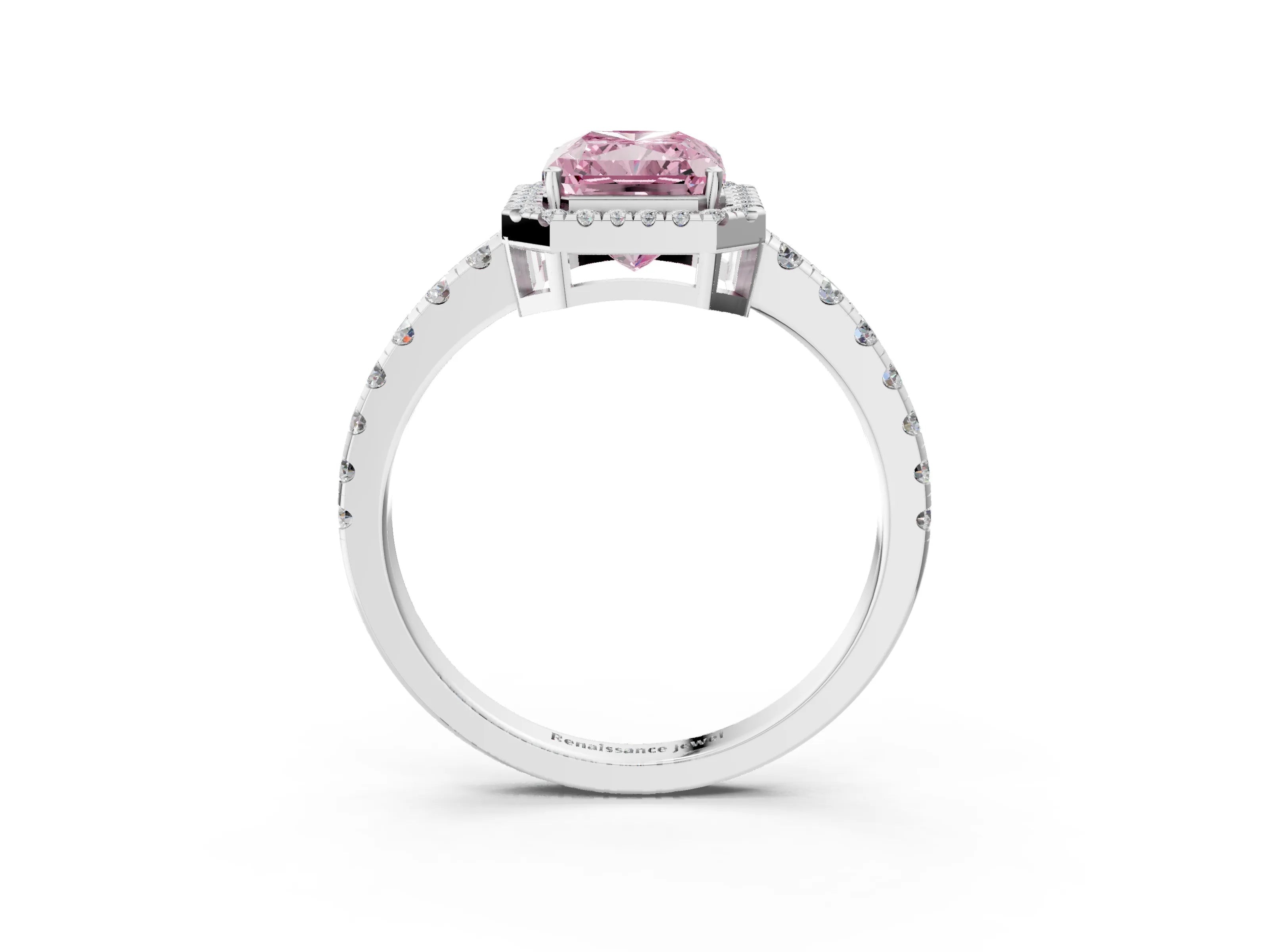 White gold Fancy Pink Radiant Cut Diamond Halo Ring with Pavé Band and Four-Prong Setting_15