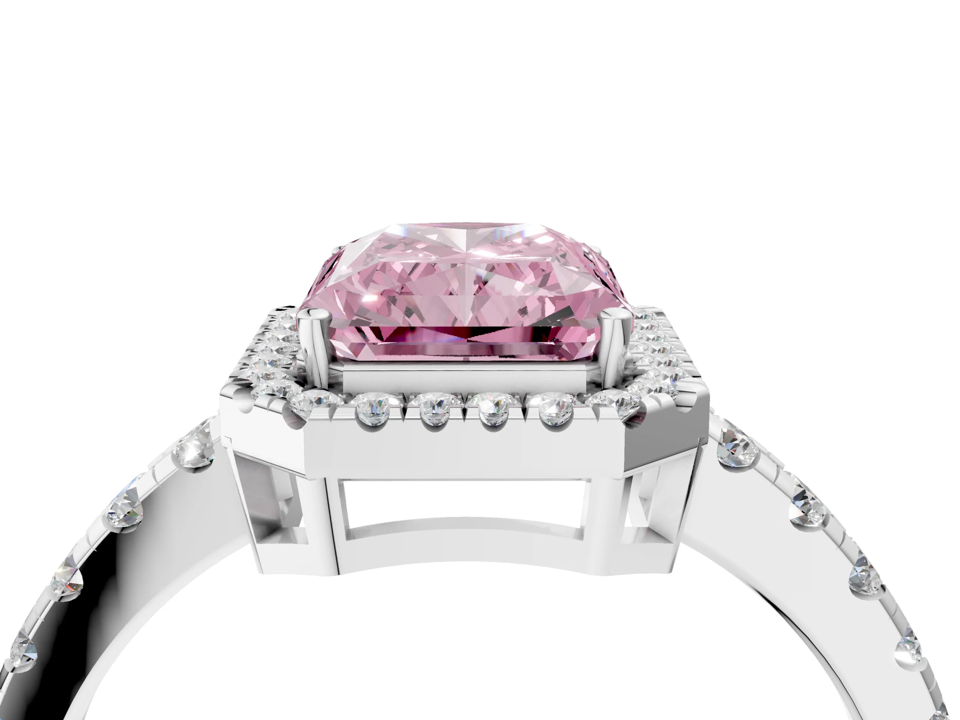 White gold Fancy Pink Radiant Cut Diamond Halo Ring with Pavé Band and Four-Prong Setting_16