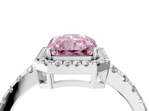 White gold Fancy Pink Radiant Cut Diamond Halo Ring with Pavé Band and Four-Prong Setting_16