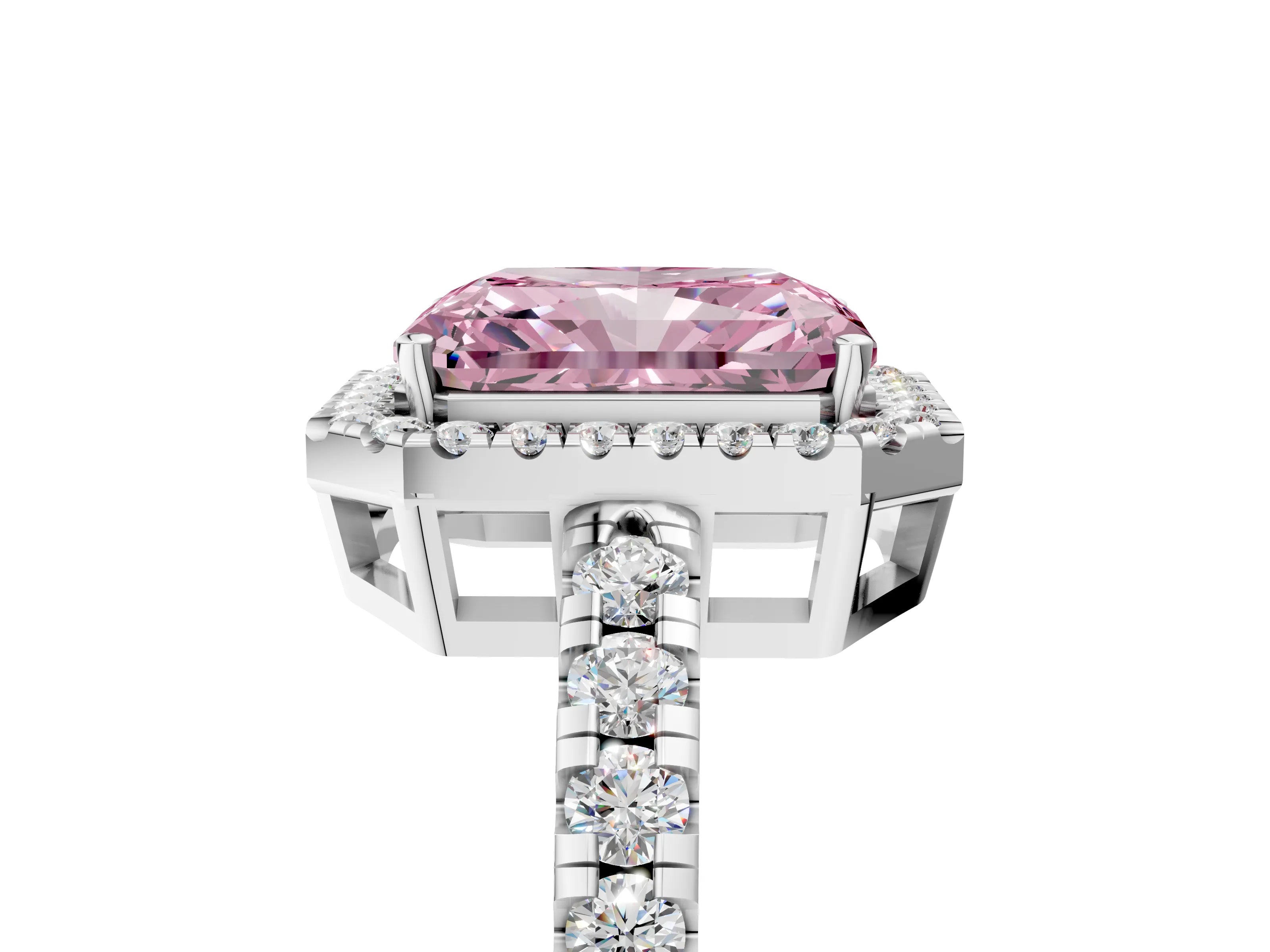 White gold Fancy Pink Radiant Cut Diamond Halo Ring with Pavé Band and Four-Prong Setting_17