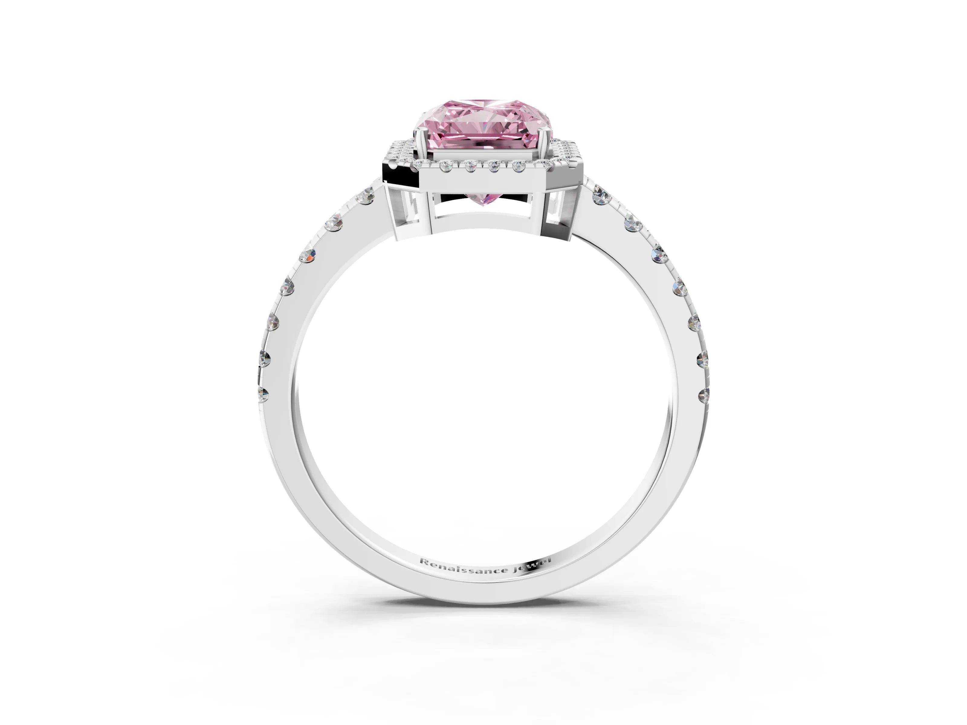 White gold Fancy Pink Radiant Cut Diamond Halo Ring with Pavé Band and Four-Prong Setting_3
