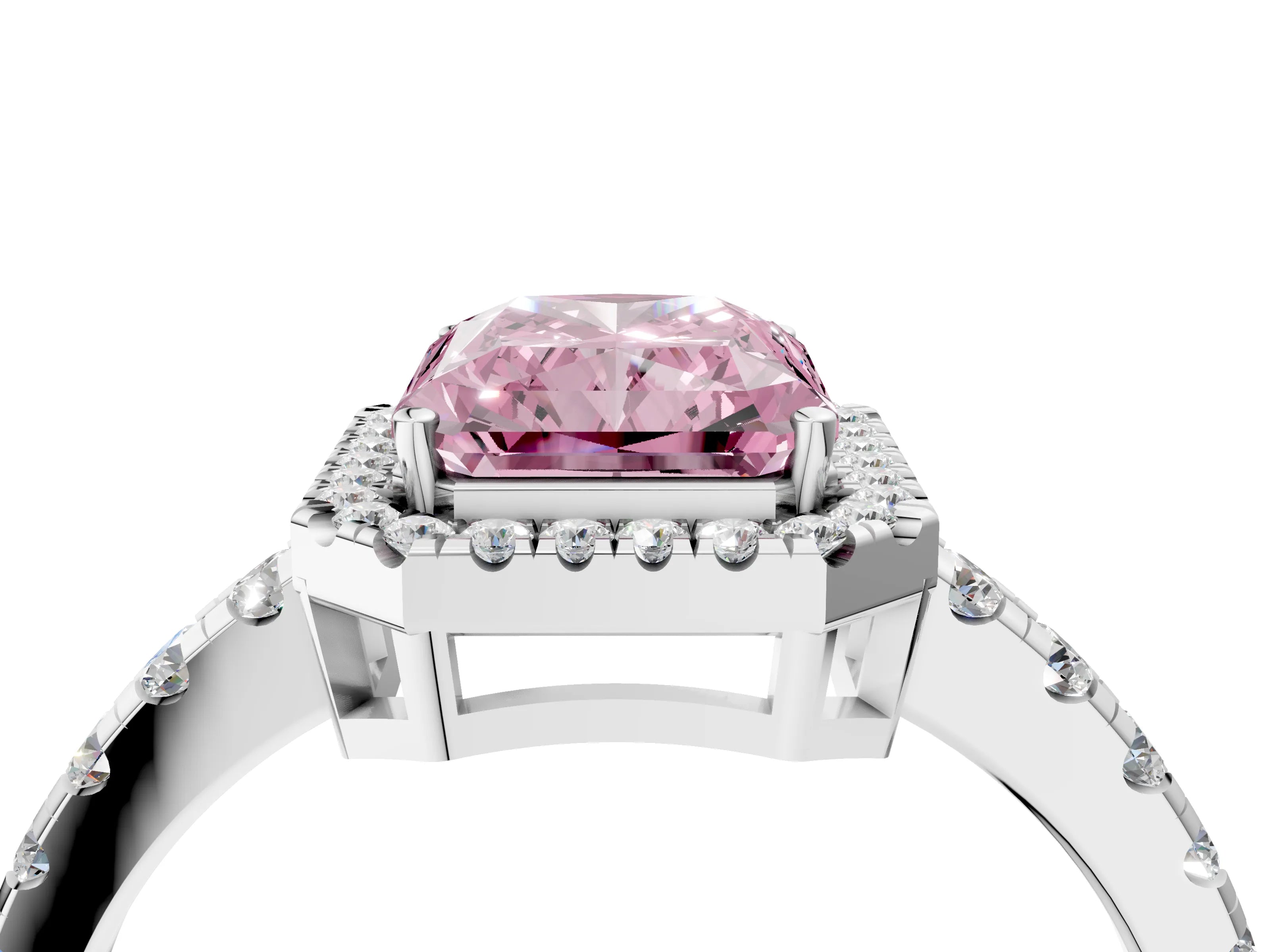 White gold Fancy Pink Radiant Cut Diamond Halo Ring with Pavé Band and Four-Prong Setting_4