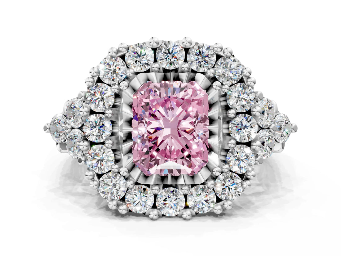 White gold Fancy Pink Radiant Cut Diamond Halo Ring with Pavé Band and Four-Prong Setting_52