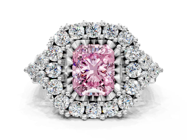 Platinum Fancy Pink Radiant Cut Diamond Halo Ring with Pavé Band and Four-Prong Setting