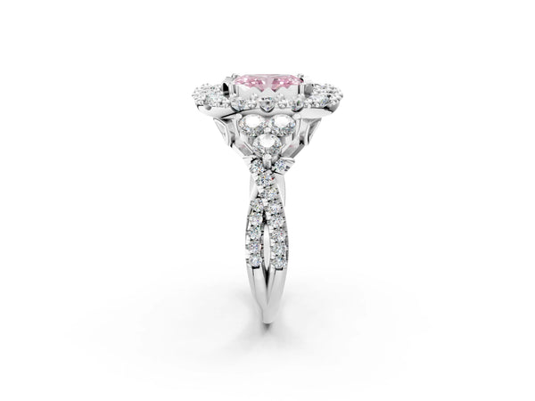 Platinum Fancy Pink Radiant Cut Diamond Halo Ring with Pavé Band and Four-Prong Setting