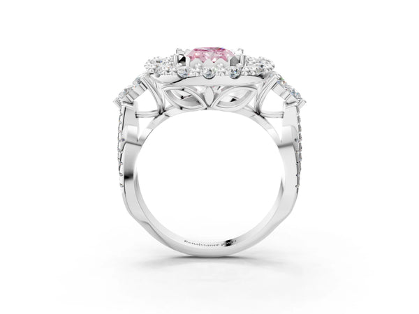 Platinum Fancy Pink Radiant Cut Diamond Halo Ring with Pavé Band and Four-Prong Setting