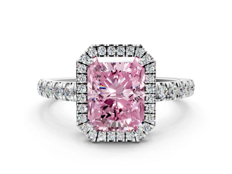 White gold Fancy Pink Radiant Cut Diamond Halo Ring with Pavé Band and Four-Prong Setting
