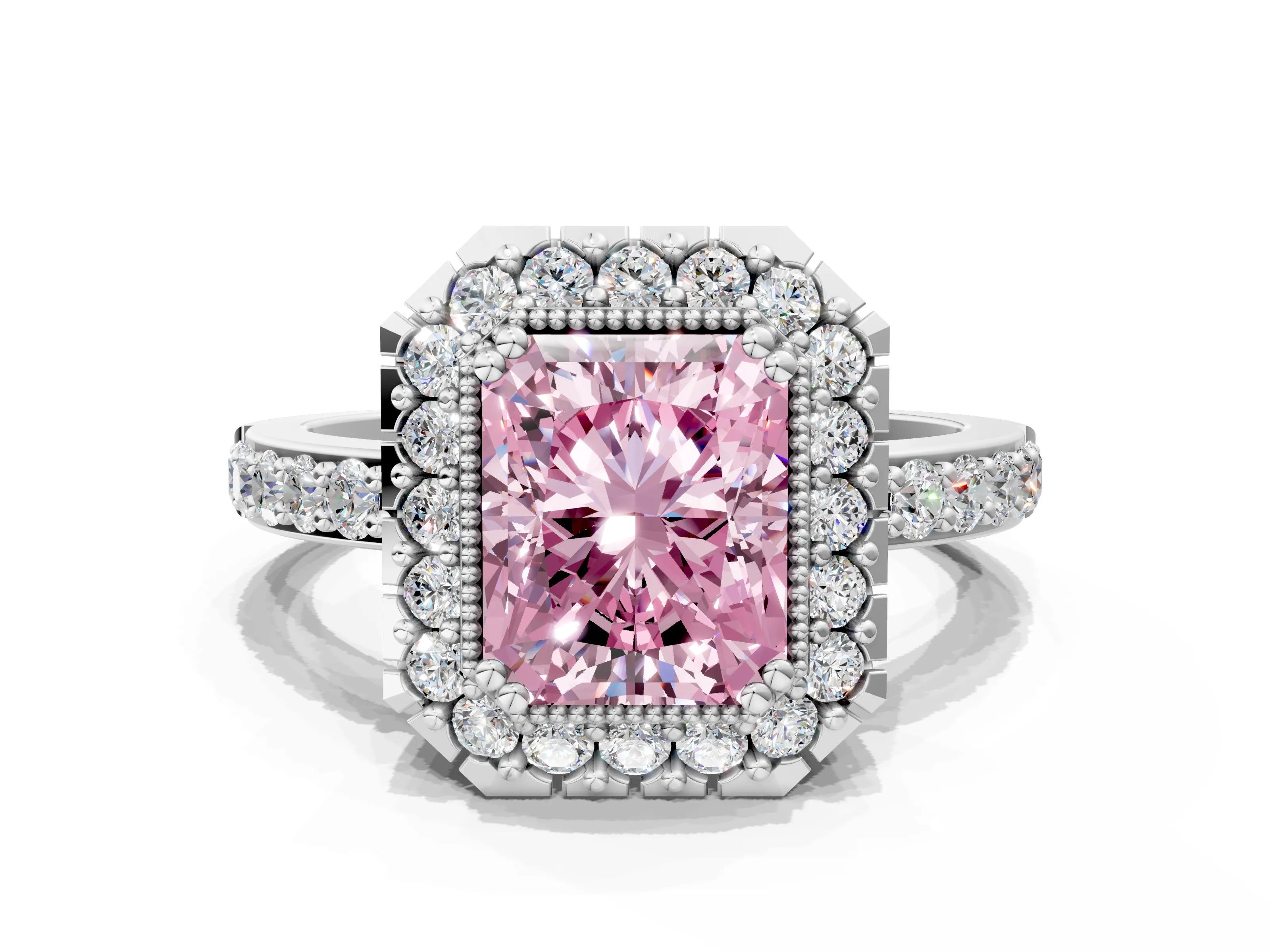 White gold Fancy Pink Radiant Cut Diamond Halo Ring with Pavé Band and Prong Setting_12