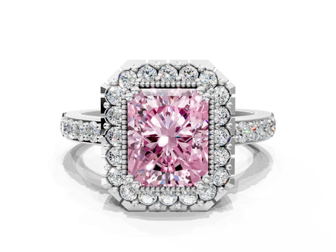 White gold Fancy Pink Radiant Cut Diamond Halo Ring with Pavé Band and Prong Setting_12