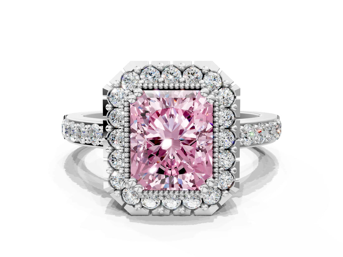 White gold Fancy Pink Radiant Cut Diamond Halo Ring with Pavé Band and Prong Setting_12