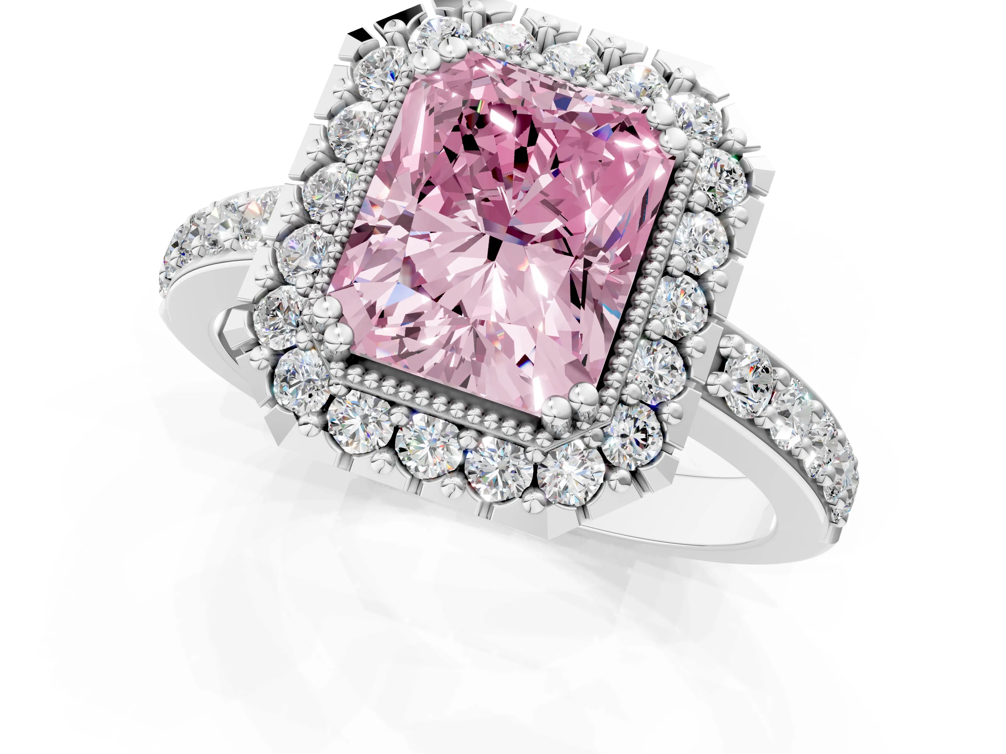 White gold Fancy Pink Radiant Cut Diamond Halo Ring with Pavé Band and Prong Setting_13