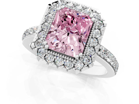 White gold Fancy Pink Radiant Cut Diamond Halo Ring with Pavé Band and Prong Setting_13