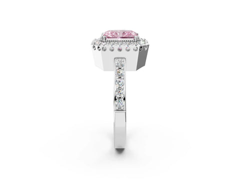 White gold Fancy Pink Radiant Cut Diamond Halo Ring with Pavé Band and Prong Setting_14
