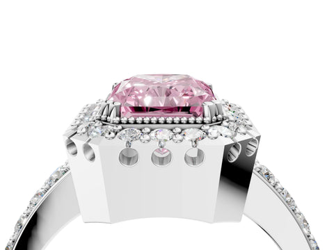 White gold Fancy Pink Radiant Cut Diamond Halo Ring with Pavé Band and Prong Setting_16