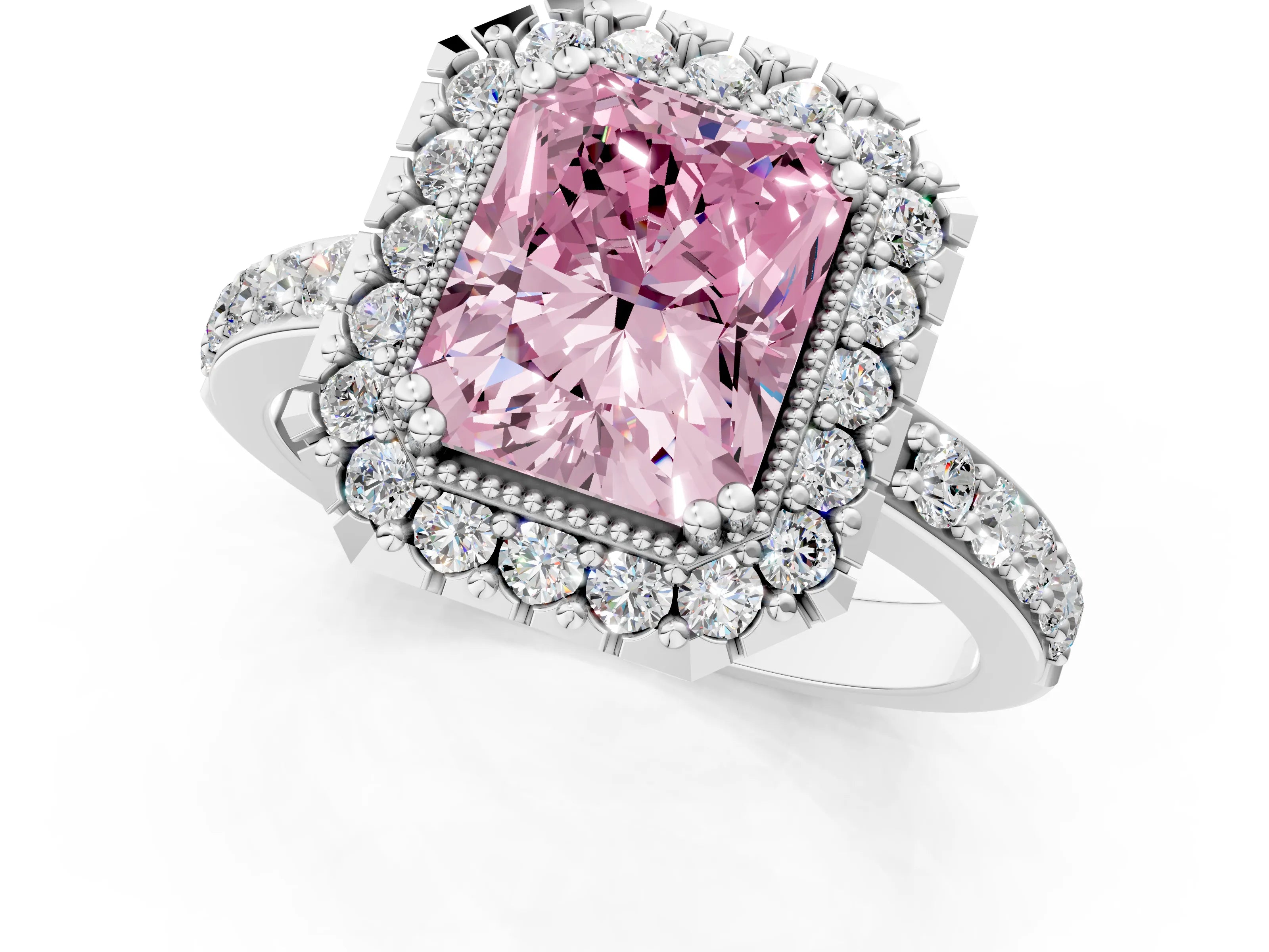 White gold Fancy Pink Radiant Cut Diamond Halo Ring with Pavé Band and Prong Setting_1