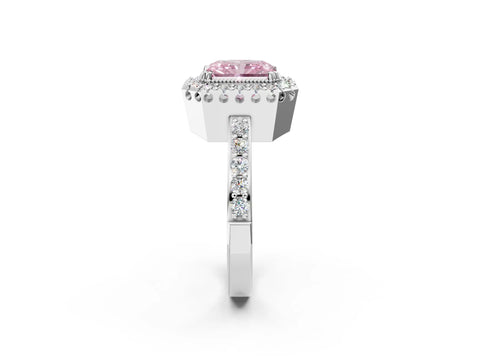 White gold Fancy Pink Radiant Cut Diamond Halo Ring with Pavé Band and Prong Setting_2