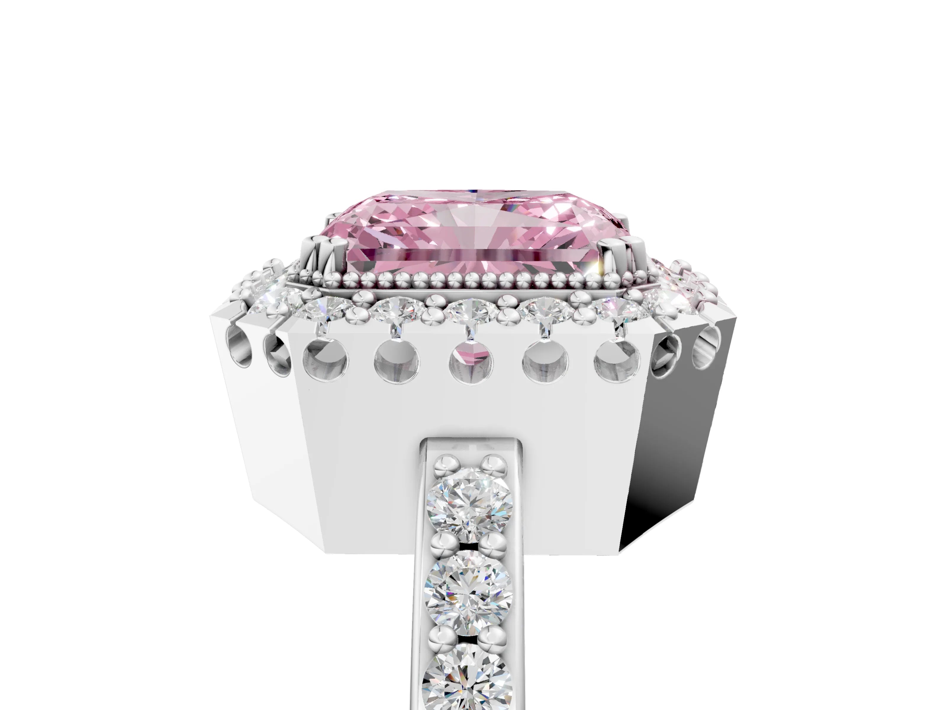 White gold Fancy Pink Radiant Cut Diamond Halo Ring with Pavé Band and Prong Setting_5