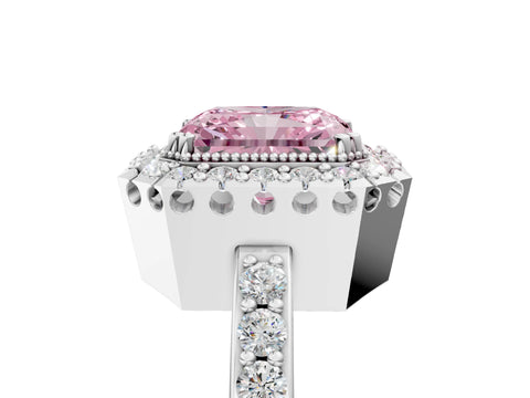 White gold Fancy Pink Radiant Cut Diamond Halo Ring with Pavé Band and Prong Setting_5