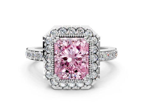 White gold Fancy Pink Radiant Cut Diamond Halo Ring with Pavé Band and Prong Setting