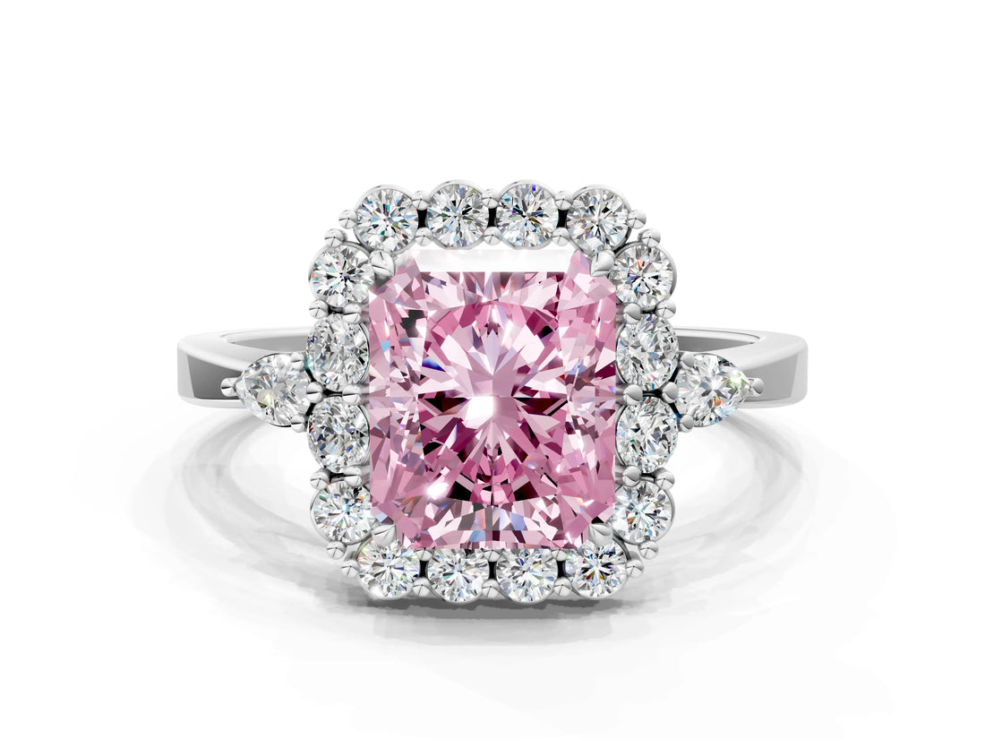 White gold Fancy Pink Radiant Cut Diamond Halo Ring with Pear Side Stones and Prong Setting_76
