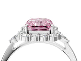 White gold Fancy Pink Radiant Cut Diamond Halo Ring with Pear Side Stones and Prong Setting_80