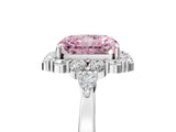 White gold Fancy Pink Radiant Cut Diamond Halo Ring with Pear Side Stones and Prong Setting_81