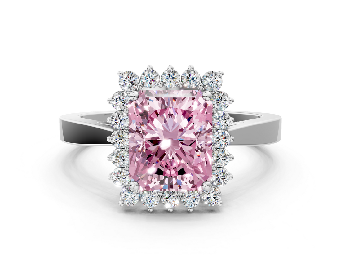 White gold Fancy Pink Radiant  Cut Diamond Halo Ring with Round Brilliant Halo and Solitaire Band_87