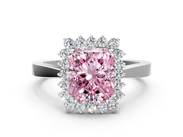 White gold Fancy Pink Radiant  Cut Diamond Halo Ring with Round Brilliant Halo and Solitaire Band