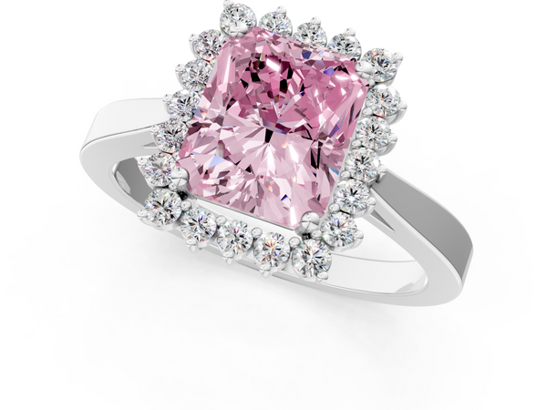 White gold Fancy Pink Radiant  Cut Diamond Halo Ring with Round Brilliant Halo and Solitaire Band
