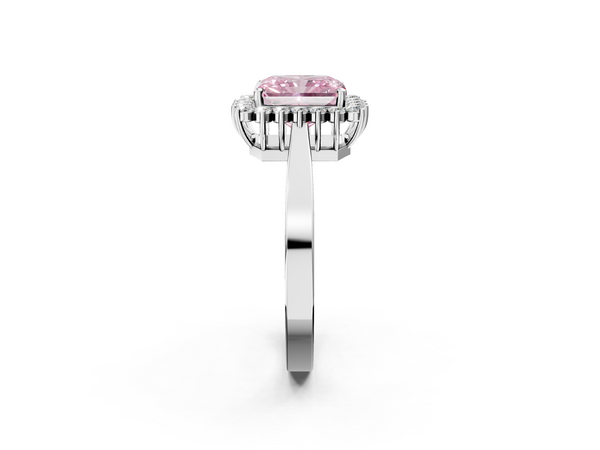 White gold Fancy Pink Radiant  Cut Diamond Halo Ring with Round Brilliant Halo and Solitaire Band