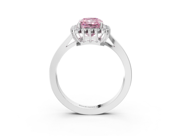 White gold Fancy Pink Radiant  Cut Diamond Halo Ring with Round Brilliant Halo and Solitaire Band