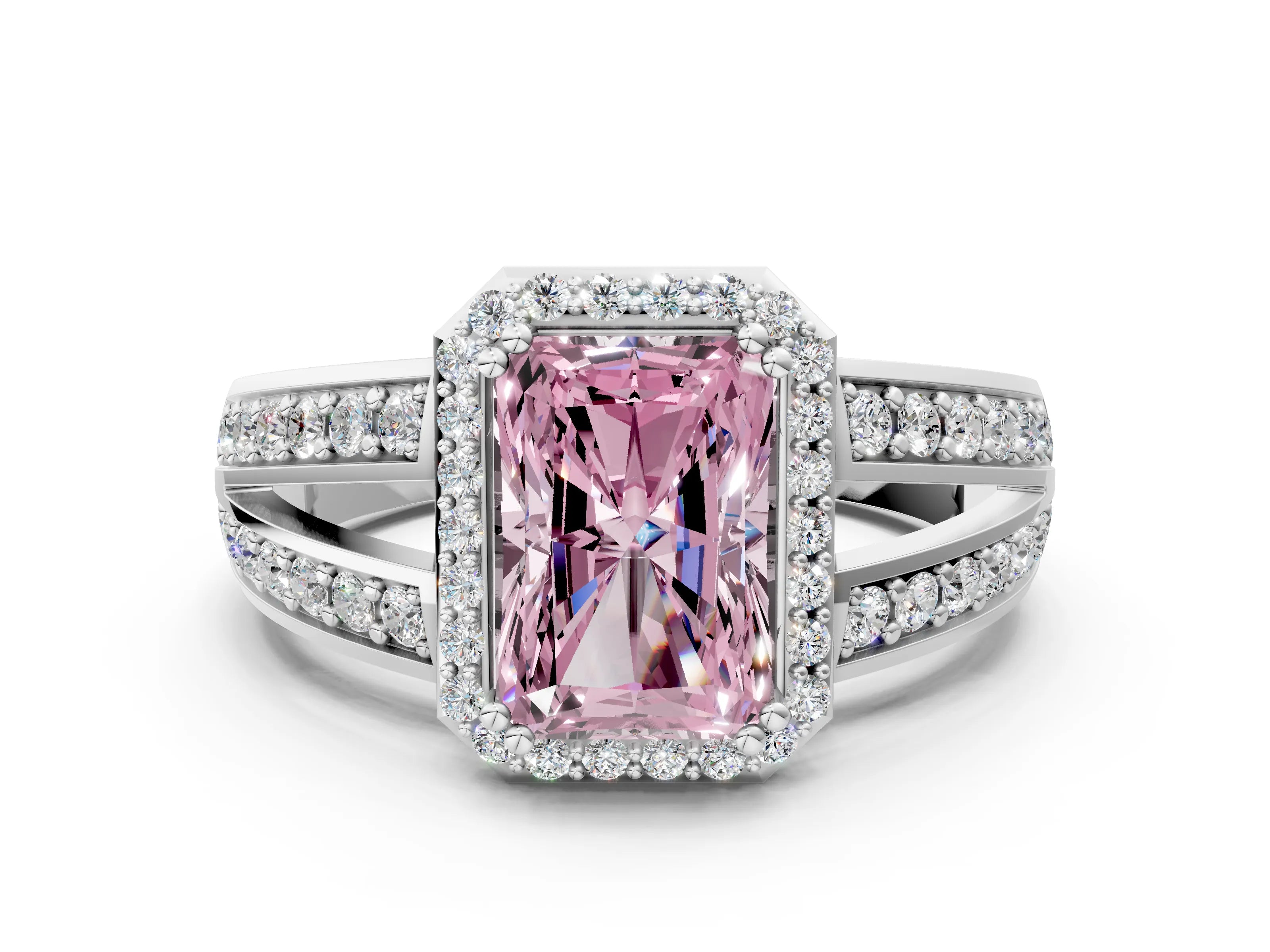 White gold Fancy Pink Radiant Cut Diamond Halo Ring with Split Shank Pavé Band and Four-Prong Setting_12