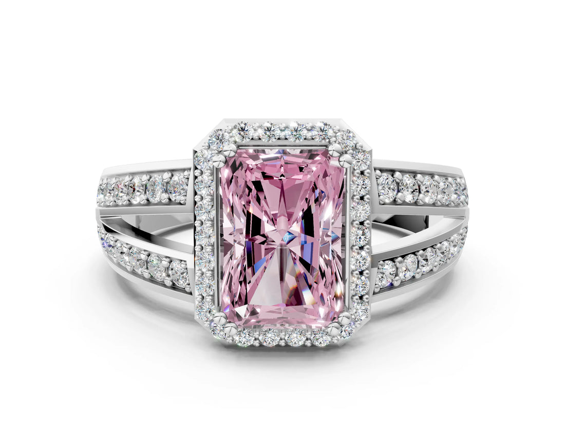 White gold Fancy Pink Radiant Cut Diamond Halo Ring with Split Shank Pavé Band and Four-Prong Setting_12
