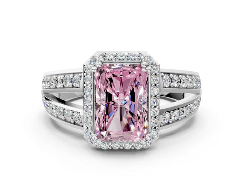 White gold Fancy Pink Radiant Cut Diamond Halo Ring with Split Shank Pavé Band and Four-Prong Setting_12