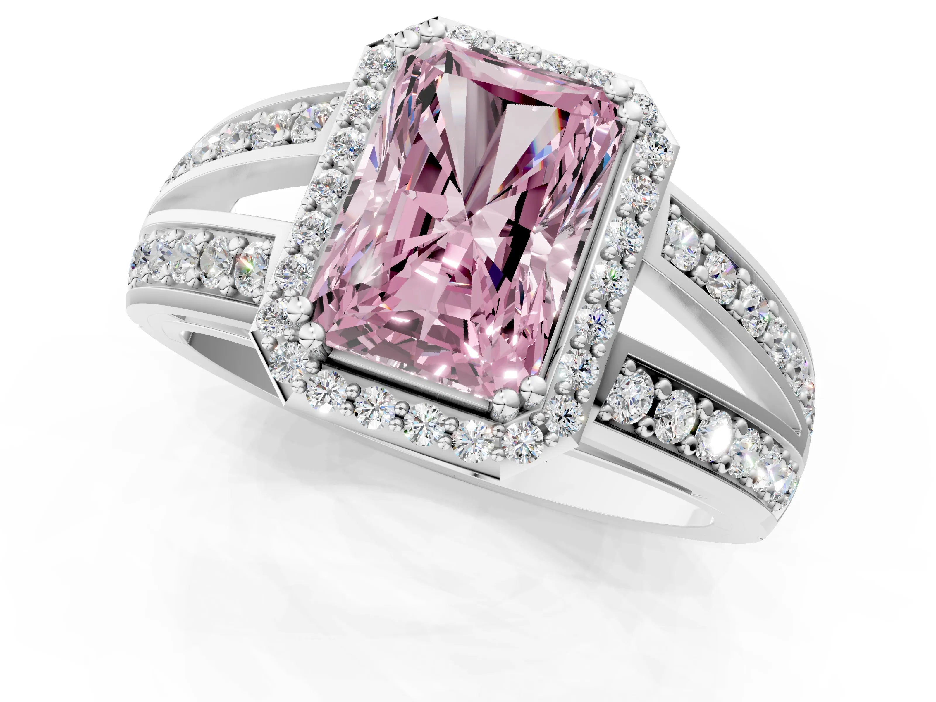White gold Fancy Pink Radiant Cut Diamond Halo Ring with Split Shank Pavé Band and Four-Prong Setting_13