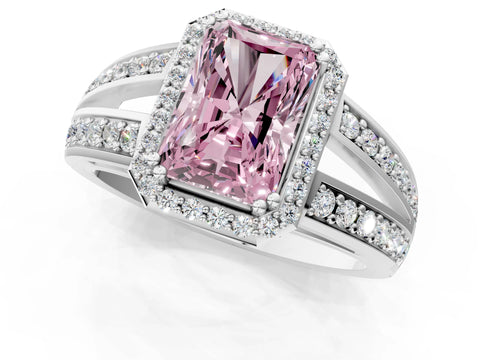 White gold Fancy Pink Radiant Cut Diamond Halo Ring with Split Shank Pavé Band and Four-Prong Setting_13