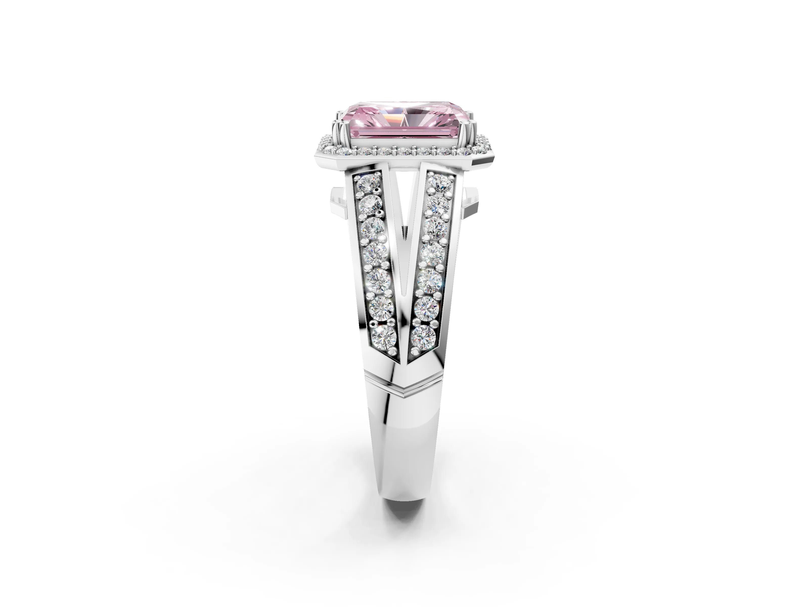 White gold Fancy Pink Radiant Cut Diamond Halo Ring with Split Shank Pavé Band and Four-Prong Setting_14