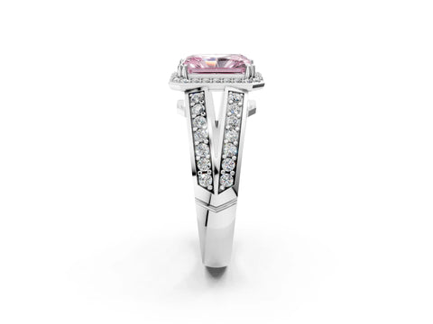 White gold Fancy Pink Radiant Cut Diamond Halo Ring with Split Shank Pavé Band and Four-Prong Setting_14