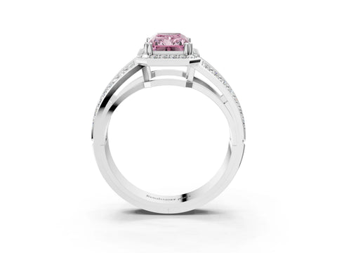 White gold Fancy Pink Radiant Cut Diamond Halo Ring with Split Shank Pavé Band and Four-Prong Setting_15