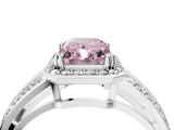 White gold Fancy Pink Radiant Cut Diamond Halo Ring with Split Shank Pavé Band and Four-Prong Setting_16