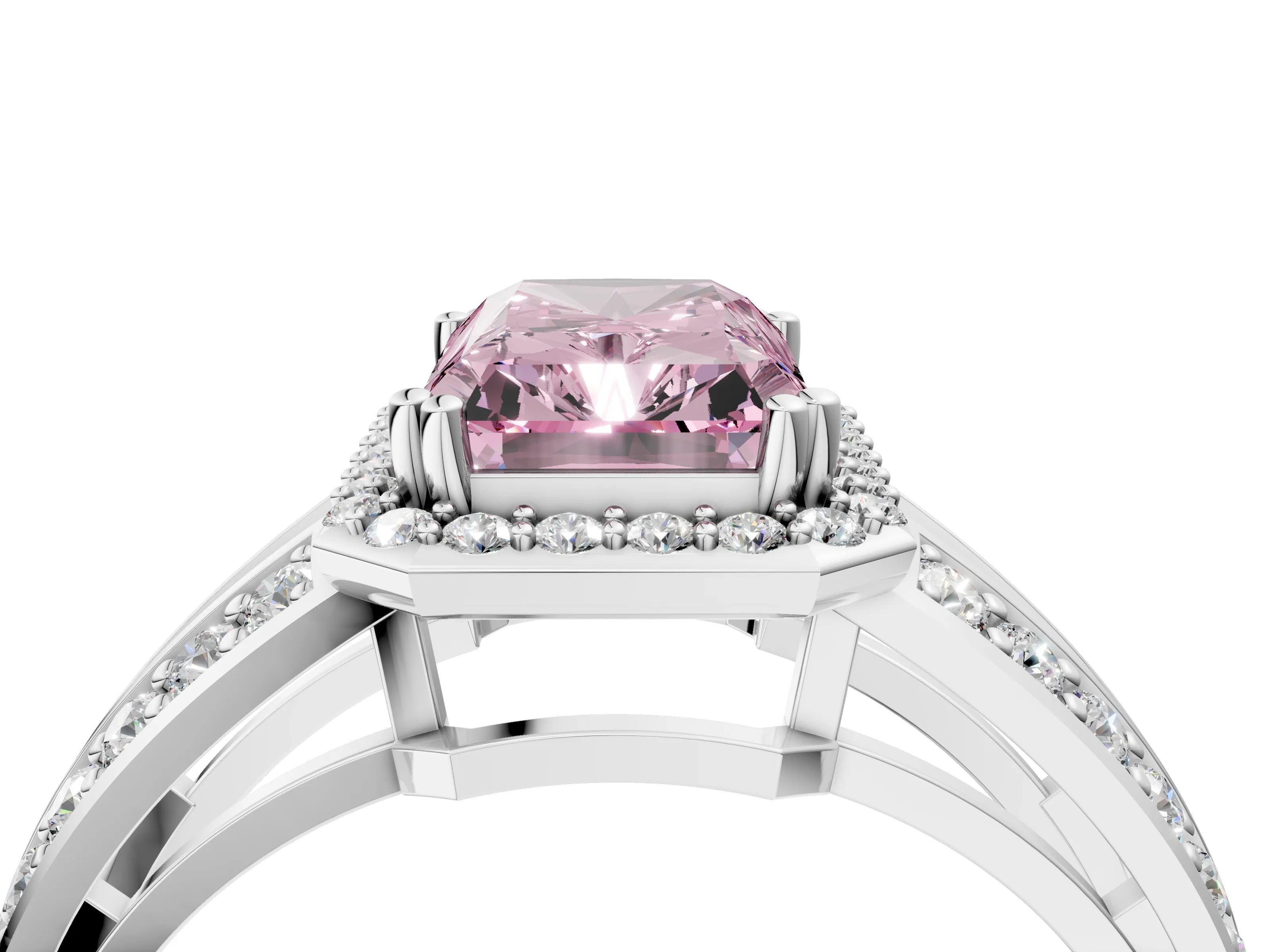White gold Fancy Pink Radiant Cut Diamond Halo Ring with Split Shank Pavé Band and Four-Prong Setting_16