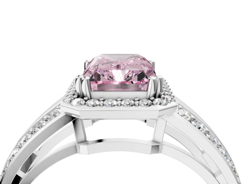 White gold Fancy Pink Radiant Cut Diamond Halo Ring with Split Shank Pavé Band and Four-Prong Setting_16