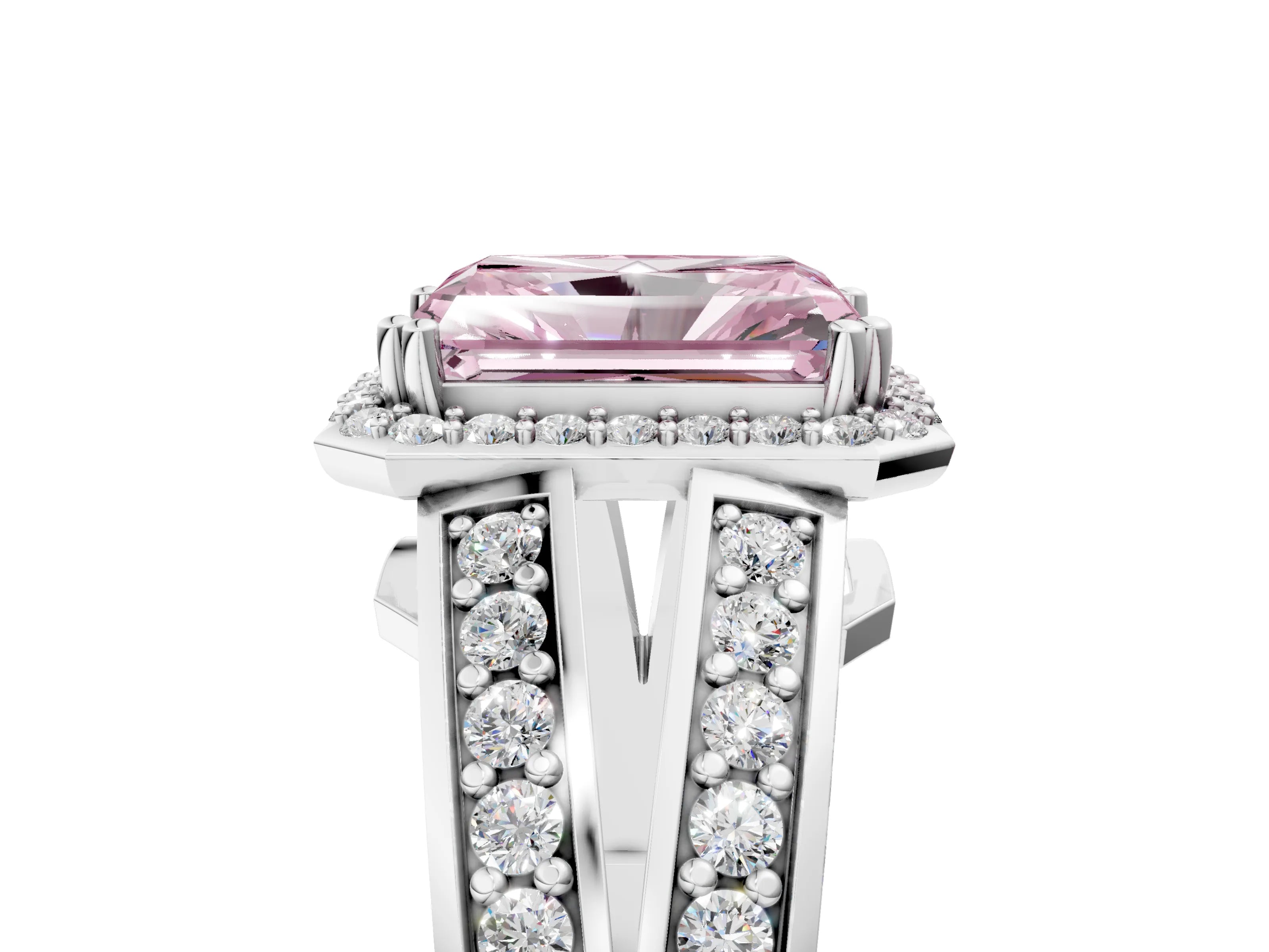White gold Fancy Pink Radiant Cut Diamond Halo Ring with Split Shank Pavé Band and Four-Prong Setting_17