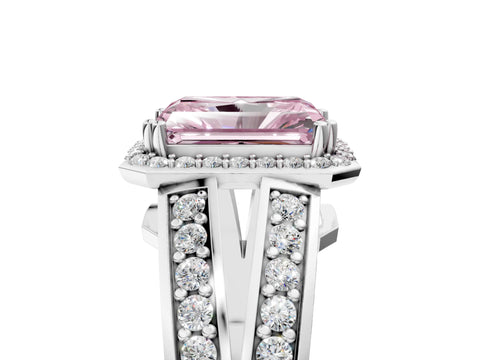 White gold Fancy Pink Radiant Cut Diamond Halo Ring with Split Shank Pavé Band and Four-Prong Setting_17