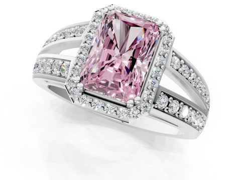 White gold Fancy Pink Radiant Cut Diamond Halo Ring with Split Shank Pavé Band and Four-Prong Setting_1