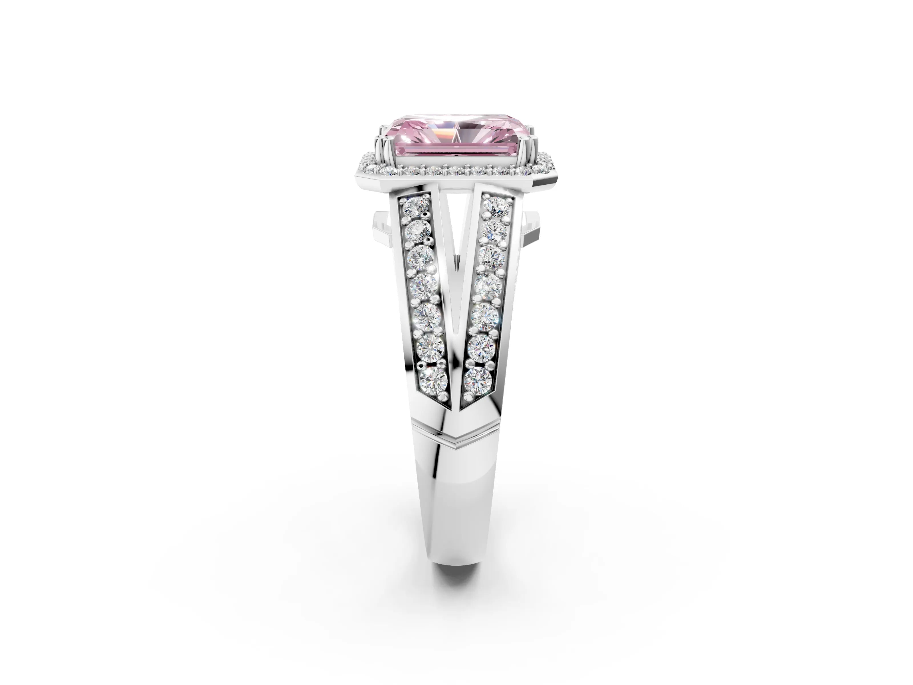 White gold Fancy Pink Radiant Cut Diamond Halo Ring with Split Shank Pavé Band and Four-Prong Setting_2