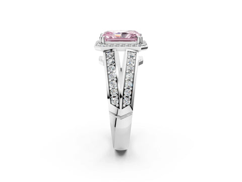 White gold Fancy Pink Radiant Cut Diamond Halo Ring with Split Shank Pavé Band and Four-Prong Setting_2